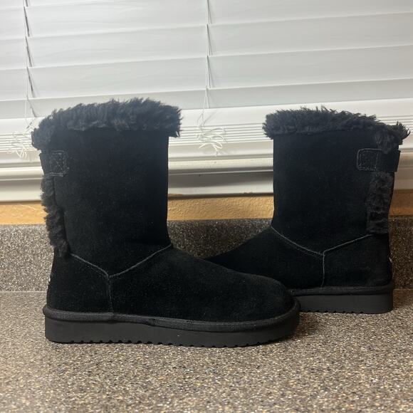Koolaburra by UGG Womens Sz 7 Black Suede Tall Boots Faux Fur Trim Sherpa Lining - Picture 5 of 11
